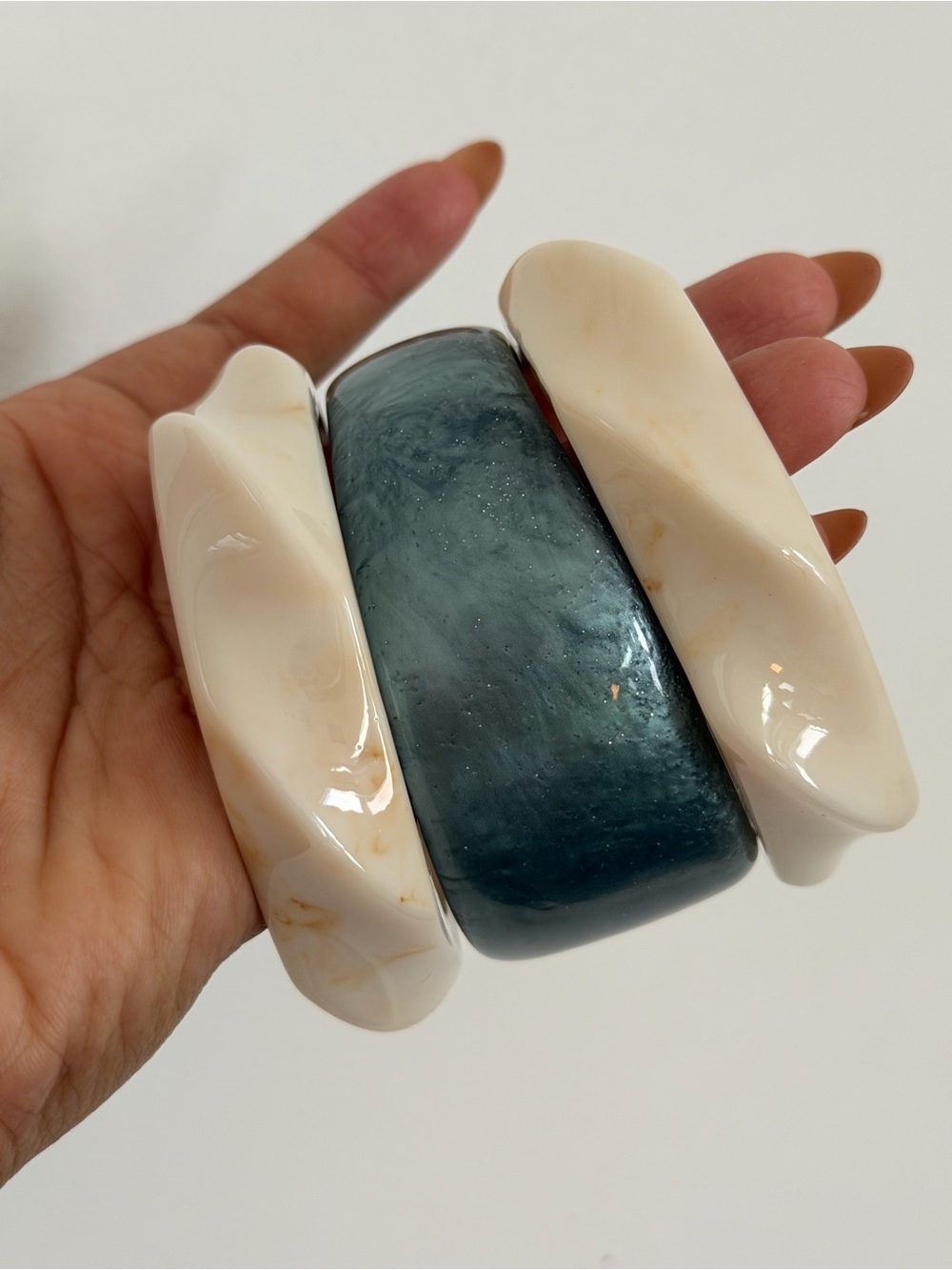 Handcrafted Resin Bangle Set - Cream and Teal